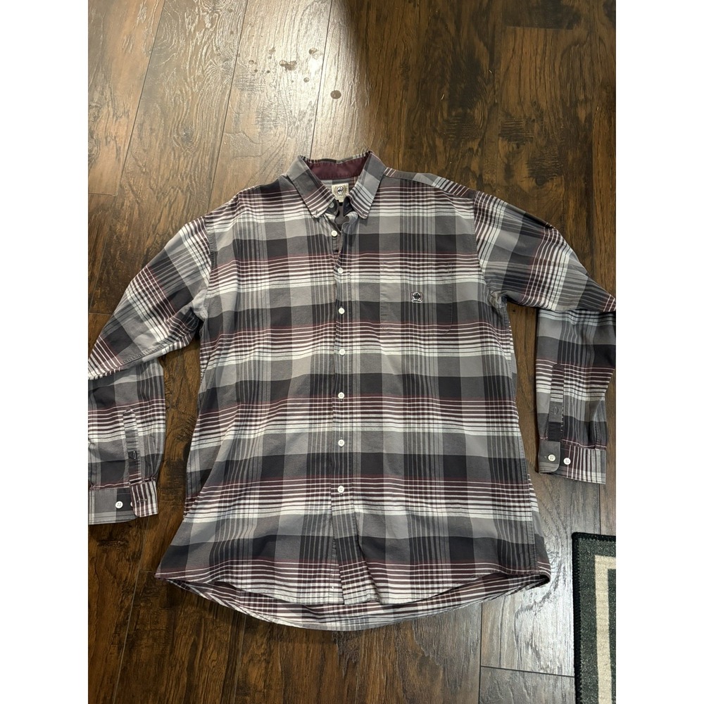 Cinch Men’s XL Gray Burgundy White Plaid Woven Embroidered Pockets Shirt